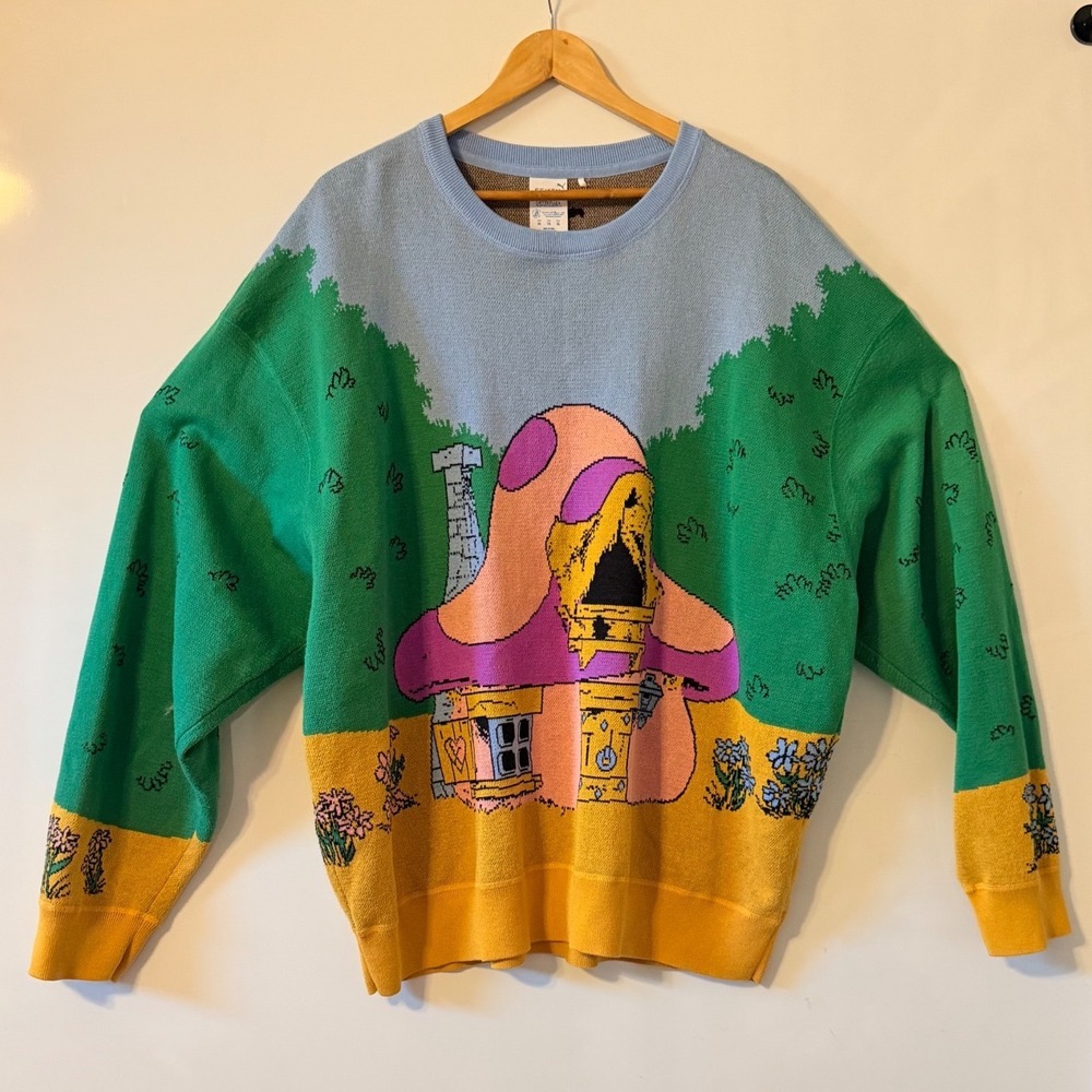FENTY x PUMA The Smurfs Mushroom House Knit Sweater XXL Green Yellow Blue